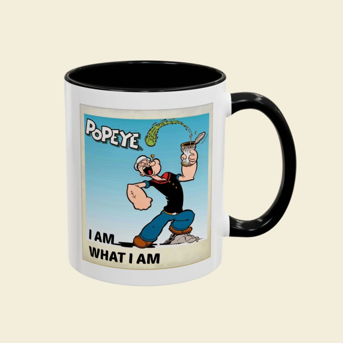 Popeye "I Am What I Am" Coffee Mug for lovers of vintage cartoons. Coffee cup gift for him. Funny novelty ceramic mug. Fun Kitchen Decor.