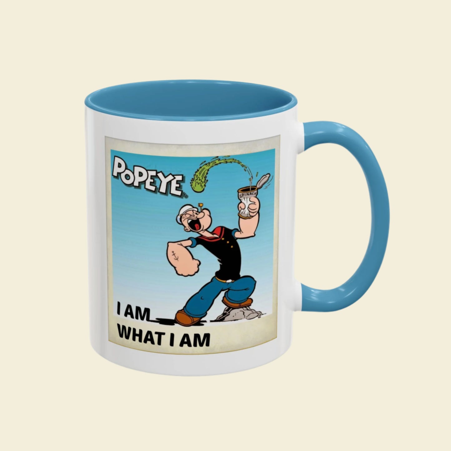 Popeye "I Am What I Am" Coffee Mug for lovers of vintage cartoons. Coffee cup gift for him. Funny novelty ceramic mug. Fun Kitchen Decor.
