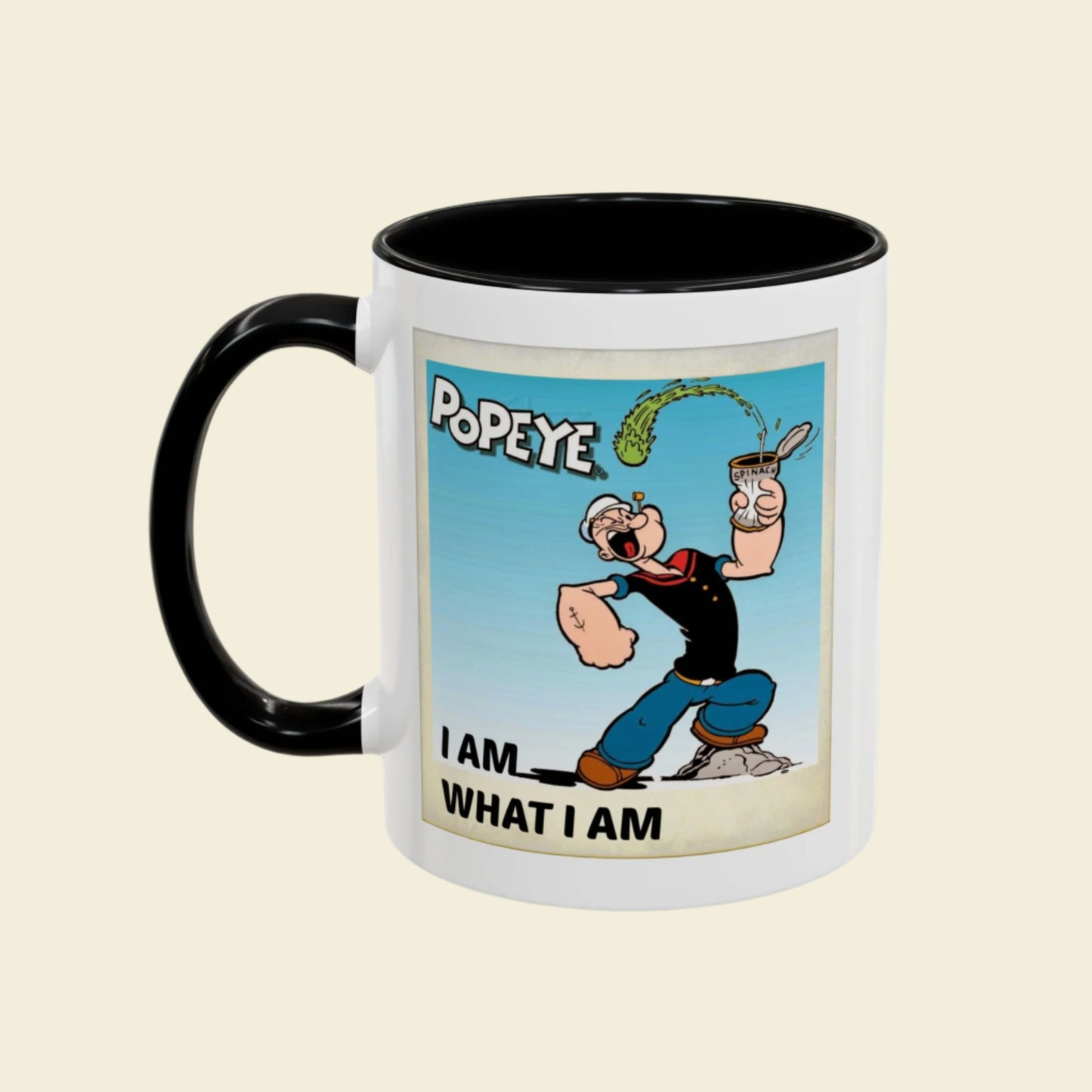 Popeye "I Am What I Am" Coffee Mug for lovers of vintage cartoons. Coffee cup gift for him. Funny novelty ceramic mug. Fun Kitchen Decor.