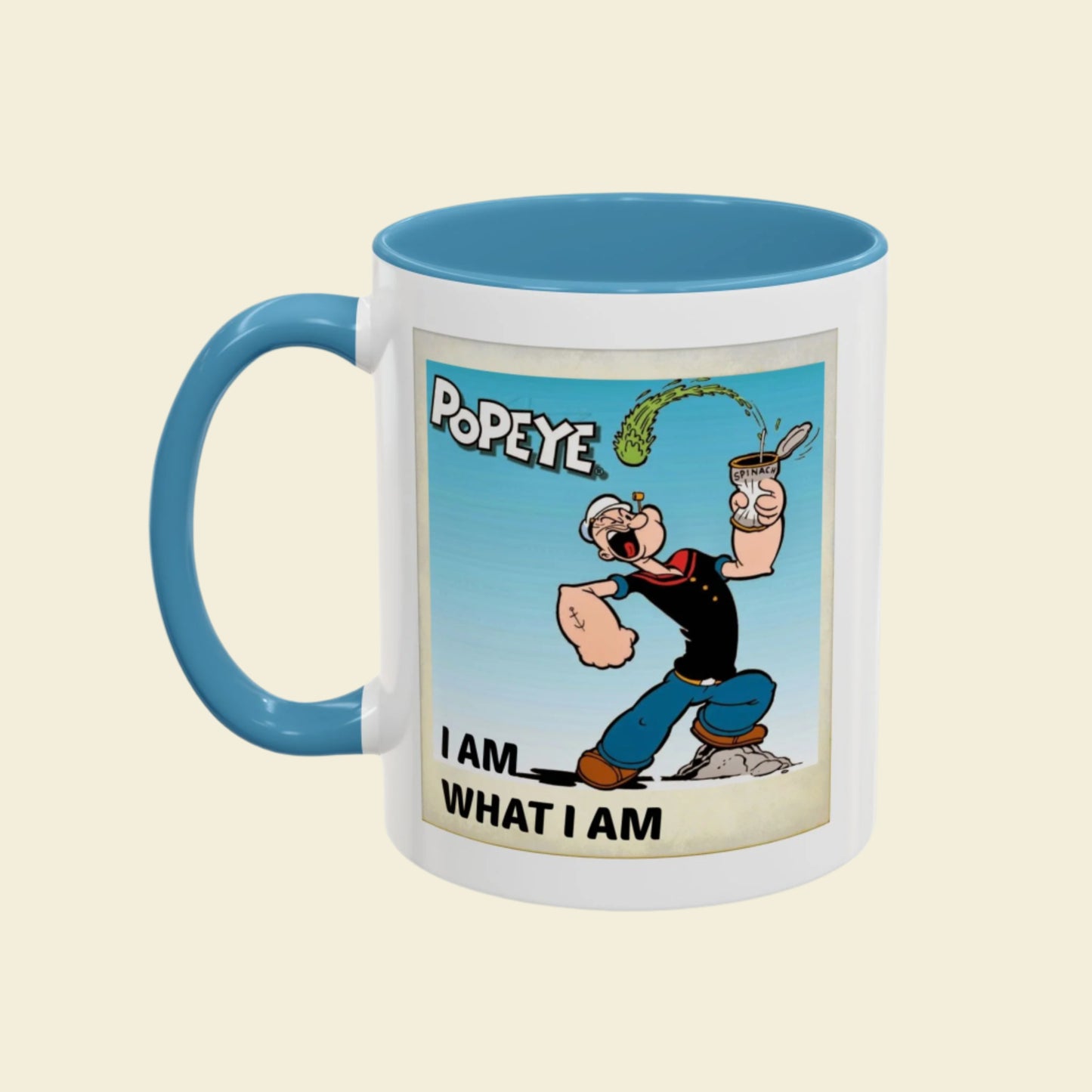 Popeye "I Am What I Am" Coffee Mug for lovers of vintage cartoons. Coffee cup gift for him. Funny novelty ceramic mug. Fun Kitchen Decor.