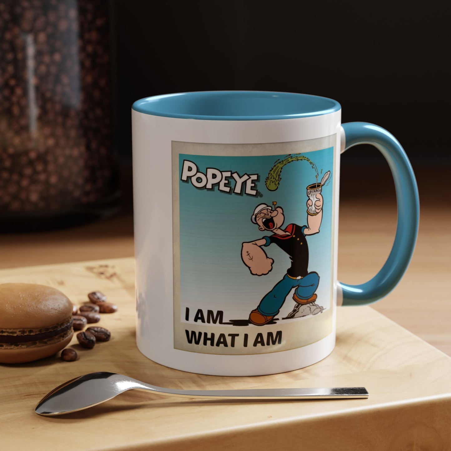 Popeye "I Am What I Am" Coffee Mug for lovers of vintage cartoons. Coffee cup gift for him. Funny novelty ceramic mug. Fun Kitchen Decor.