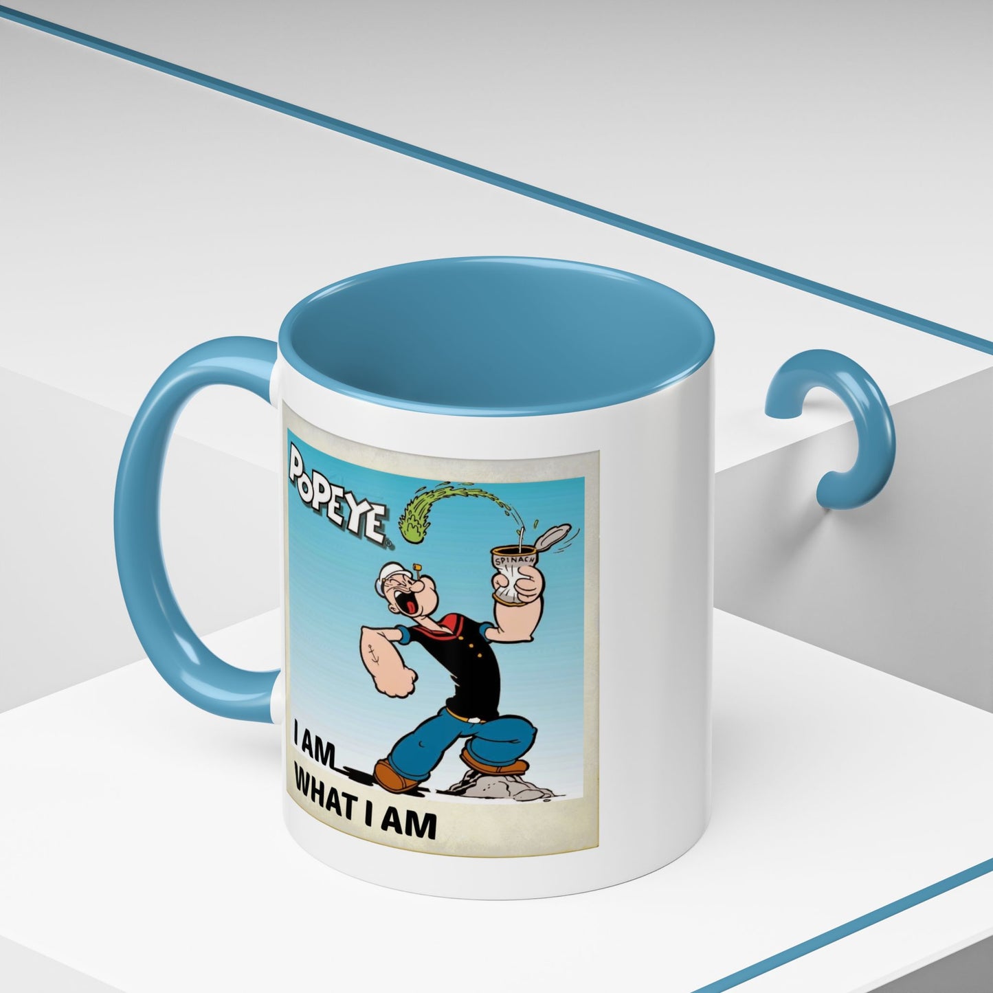 Popeye "I Am What I Am" Coffee Mug for lovers of vintage cartoons. Coffee cup gift for him. Funny novelty ceramic mug. Fun Kitchen Decor.